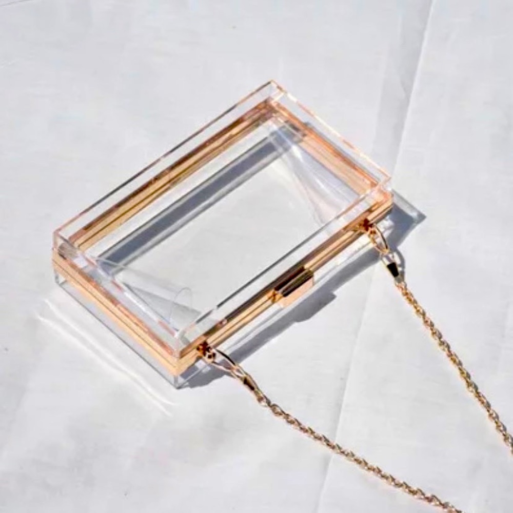 Clear crossbody clutch with gold chain
